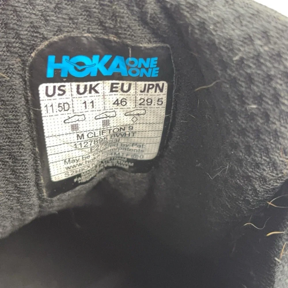 Hoka One One Clifton 9 Running Shoes Mens Size 11.5 Black Cushioned 1127895 BWHT